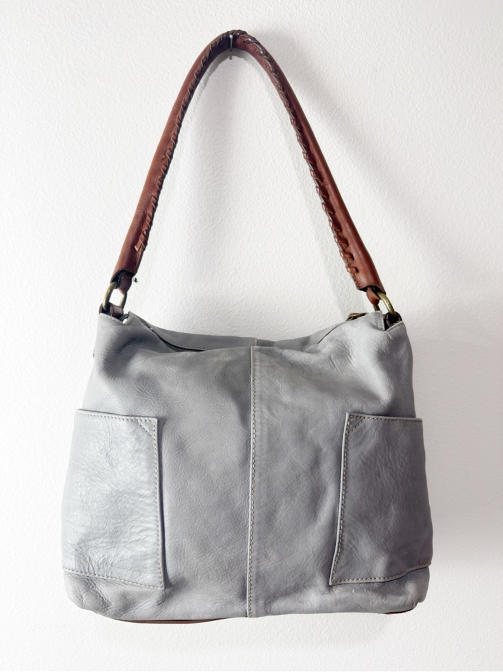 Sundance Gray Genuine Double Pockets Leather Simplicity Handbag Slouchy Tote